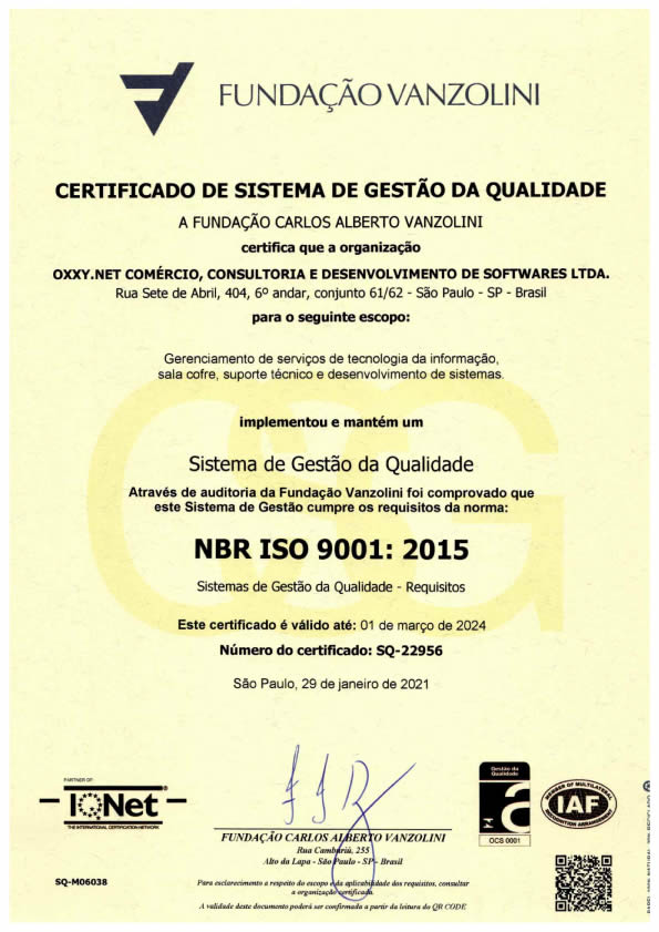 Fundação Vanzolini NBR ISO 9001 2015 Oxxy Net Tecnologia de ponta