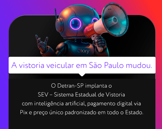 News card with a robot shouting into a megaphone announcing changes to vehicle inspection in São Paulo and the SEV system (AI, Pix payments).