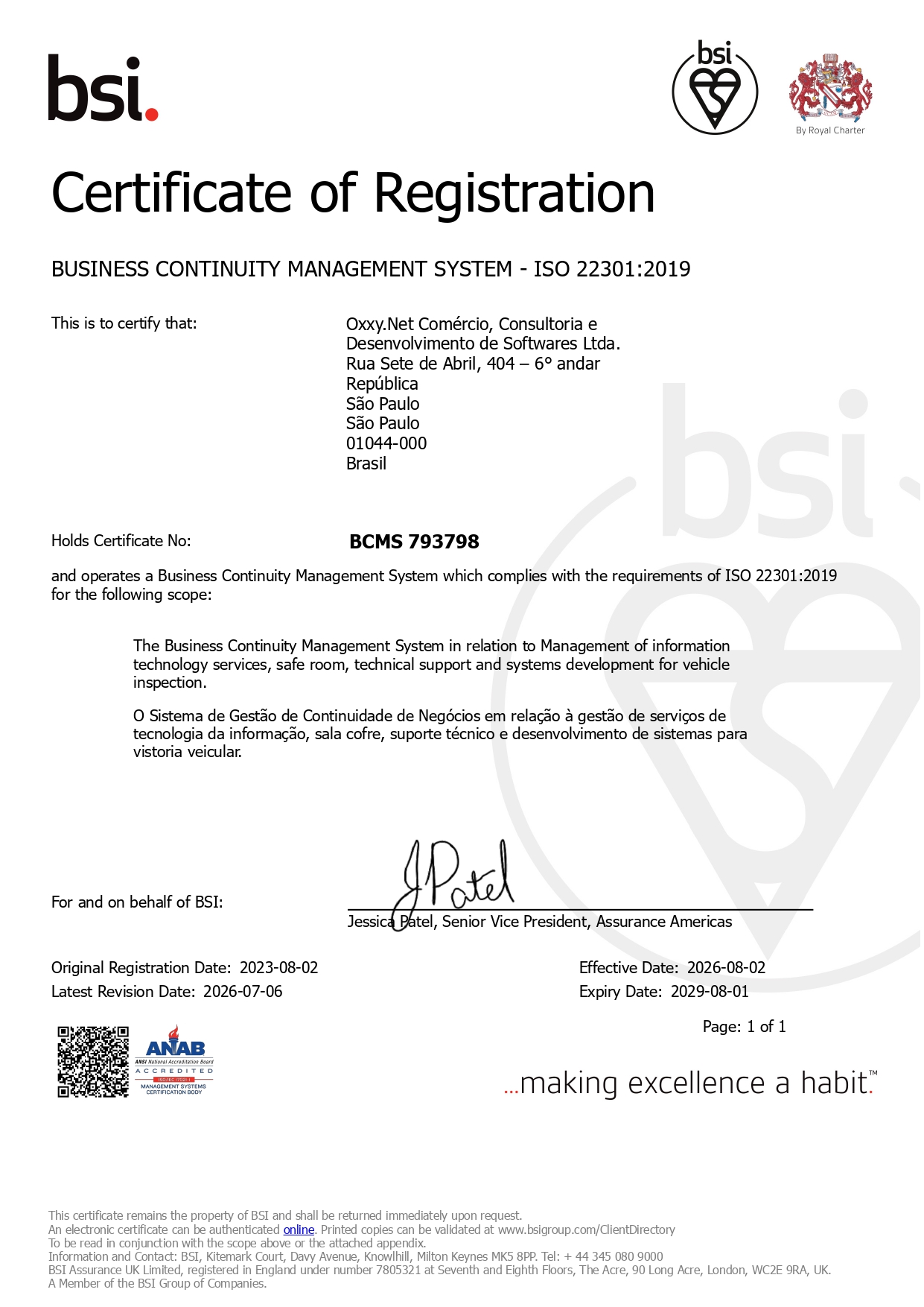 BSI Certificate of Registration for ISO 22301:2019 issued to Oxxy.Net Comércio, with certificate number BCMS 793798, page 1 of 1 (logos visible).